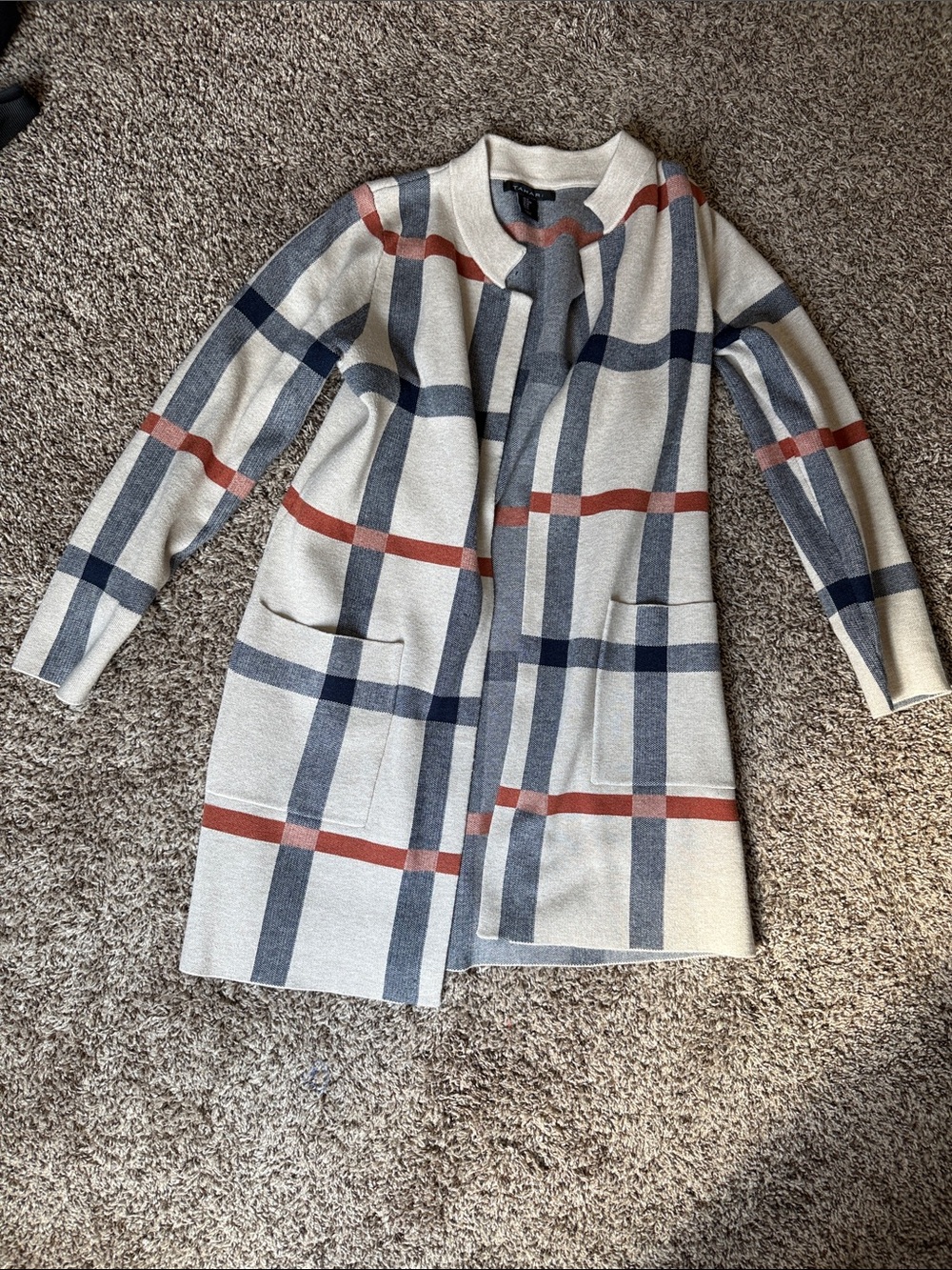 Tahari Beige with Navy and Rust Stripes sweater jacket
